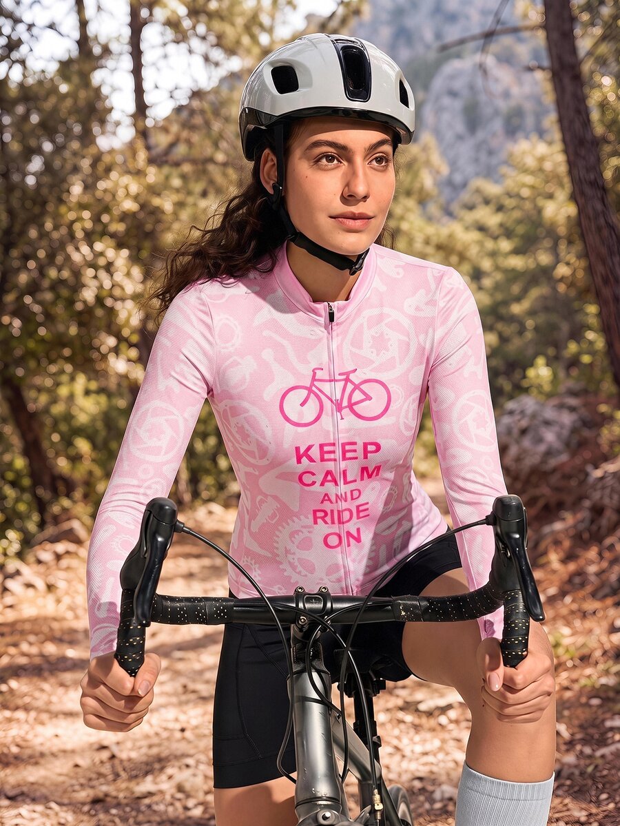 Exploreva Exploreva Bicycle Slogan Print Fitted Cycling Jersey - Pink - View 1