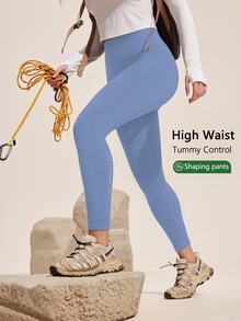 Exploreva Exploreva Women's Solid Color Fashionable High Waist Elastic Tummy Control Leggings - Baby Blue - View 2