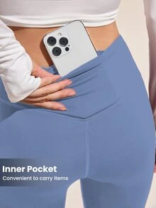 Exploreva Exploreva Women's Solid Color Fashionable High Waist Elastic Tummy Control Leggings - Baby Blue - View 3
