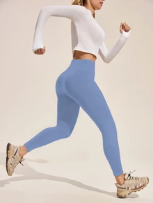 Exploreva Exploreva Women's Solid Color Fashionable High Waist Elastic Tummy Control Leggings - Baby Blue - View 5
