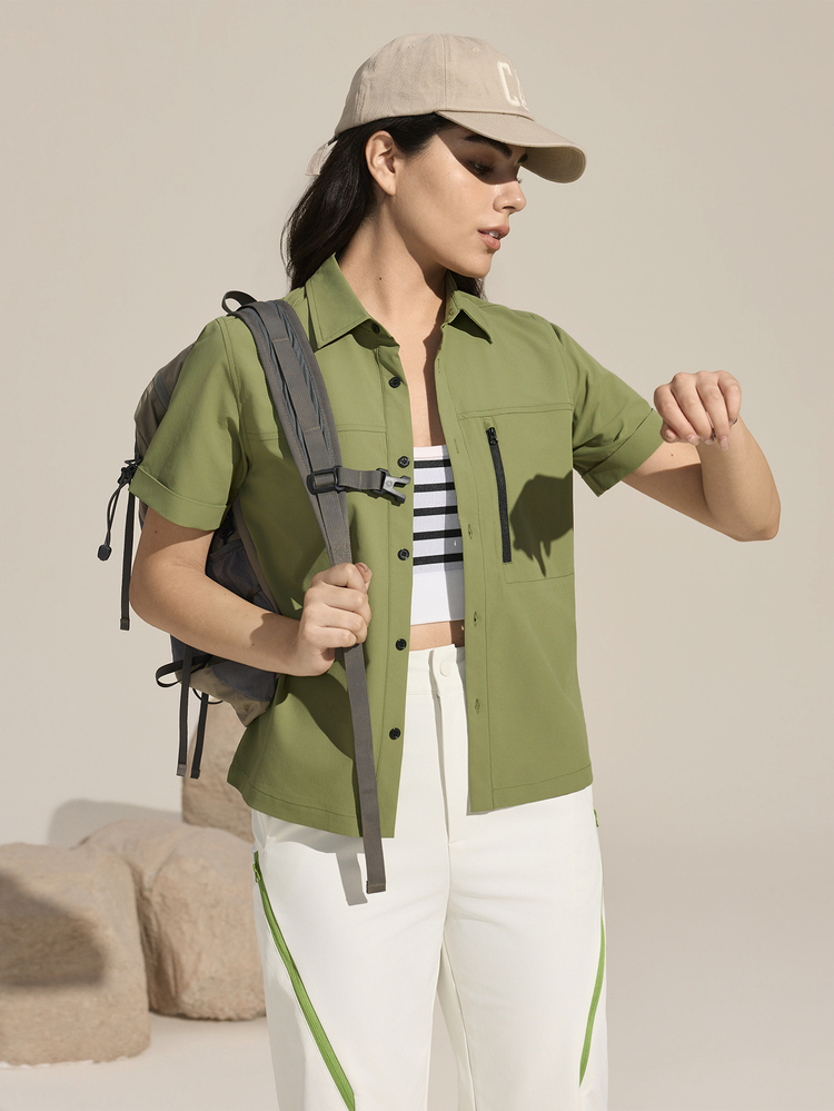 Exploreva Exploreva Women's Casual Solid Color Short Sleeve Outdoor Shirt, Suitable For Sports, Daily Commute, Summer - Army Green - View 2