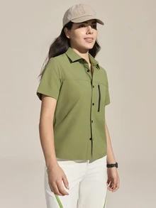 Exploreva Exploreva 女士休闲纯色短袖户外衬衫，适合运动、日常通勤和夏季穿着 - 軍綠色 - 查看 6