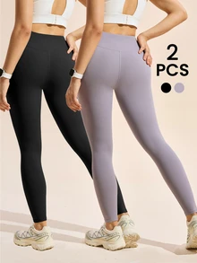 SHEIN Sports 2pcs High Waist Seamless Outdoor Leggings - Multicolor - View 2
