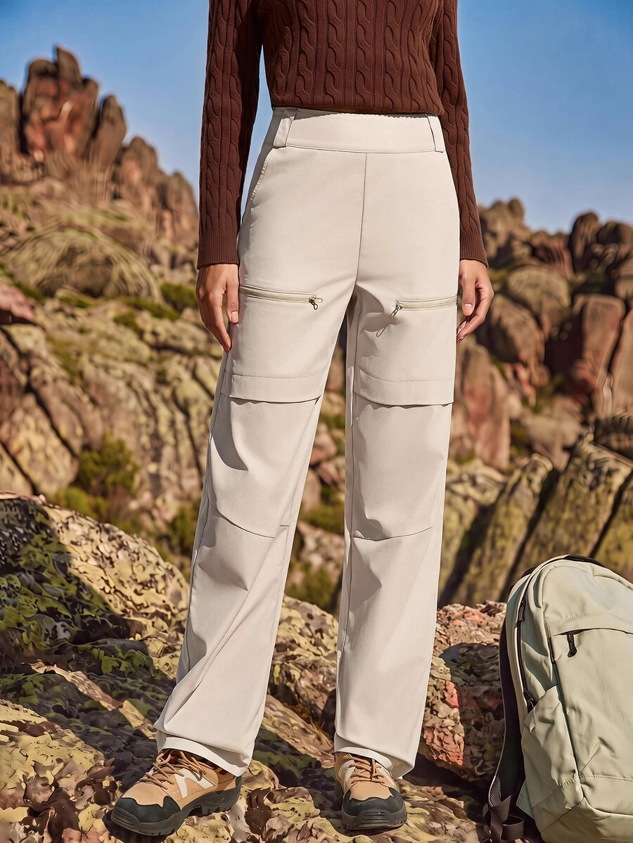 Exploreva Exploreva Women's Solid Color Casual Outdoor Pants With Pockets - Apricot - View 1