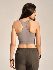 SHEIN Sports 女士休闲修身背心；纯色背心；罗纹针织，简约风格，超级舒适，适合运动、瑜伽、健身和休闲穿着。 - 灰色 - 查看 4