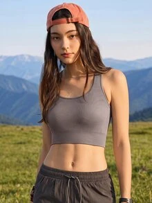 SHEIN Sports 女士休闲修身背心；纯色背心；罗纹针织，简约风格，超级舒适，适合运动、瑜伽、健身和休闲穿着。 - 灰色 - 查看 1