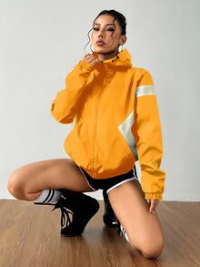 Exploreva Exploreva Women's Casual Everyday Zip-Up Contrast Color Hooded Sports Jacket - Yellow - View 5