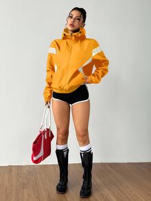 Exploreva Exploreva Women's Casual Everyday Zip-Up Contrast Color Hooded Sports Jacket - Yellow - View 7