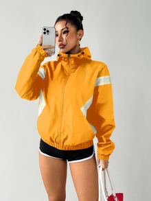 Exploreva Exploreva Women's Casual Everyday Zip-Up Contrast Color Hooded Sports Jacket - Yellow - View 2