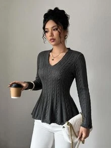 Flora Isola Flora Isola Solid Color Knot Knit Ruffle Edge Sweater, Suitable For Office Wear And Daily Back To School Wear, Light Gray, Suitable For Autumn Casual Wear - Dark Grey - View 5
