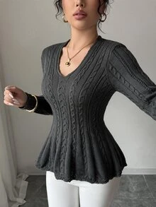 Flora Isola Flora Isola Solid Color Knot Knit Ruffle Edge Sweater, Suitable For Office Wear And Daily Back To School Wear, Light Gray, Suitable For Autumn Casual Wear - Dark Grey - View 7