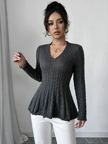 Flora Isola Flora Isola Solid Color Knot Knit Ruffle Edge Sweater, Suitable For Office Wear And Daily Back To School Wear, Light Gray, Suitable For Autumn Casual Wear - Dark Grey - View 6