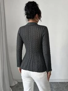 Flora Isola Flora Isola Solid Color Knot Knit Ruffle Edge Sweater, Suitable For Office Wear And Daily Back To School Wear, Light Gray, Suitable For Autumn Casual Wear - Dark Grey - View 2