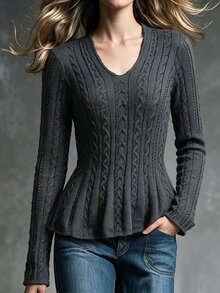 Flora Isola Flora Isola Solid Color Knot Knit Ruffle Edge Sweater, Suitable For Office Wear And Daily Back To School Wear, Light Gray, Suitable For Autumn Casual Wear - Dark Grey - View 3