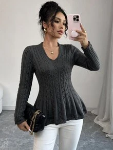Flora Isola Flora Isola Solid Color Knot Knit Ruffle Edge Sweater, Suitable For Office Wear And Daily Back To School Wear, Light Gray, Suitable For Autumn Casual Wear - Dark Grey - View 4