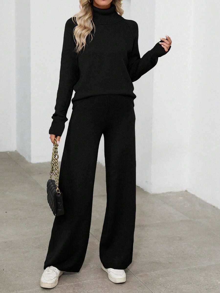 EMERY ROSE 2pcs Women's Casual Turtleneck Long Sleeve Sweater Top & Pants Knitted Set Fall Winter Cloth For Women - Black - View 1