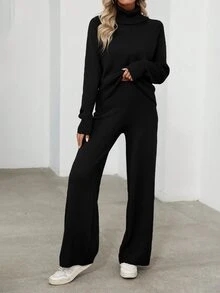 EMERY ROSE 2pcs Women's Casual Turtleneck Long Sleeve Sweater Top & Pants Knitted Set Fall Winter Cloth For Women - Black - View 4
