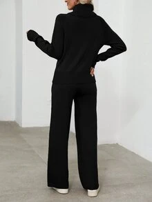 EMERY ROSE 2pcs Women's Casual Turtleneck Long Sleeve Sweater Top & Pants Knitted Set Fall Winter Cloth For Women - Black - View 2