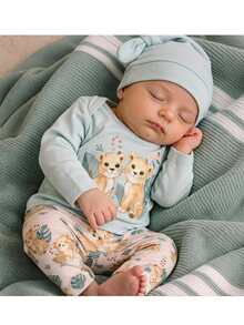 SHEIN Newborn Baby Boy Cute Casual Cartoon Pattern Long Sleeve Loungewear Set 2pcs Neutral - Green - View 6