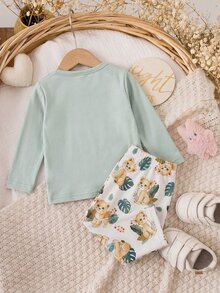 SHEIN Newborn Baby Boy Cute Casual Cartoon Pattern Long Sleeve Loungewear Set 2pcs Neutral - Green - View 2