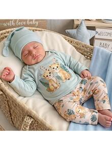SHEIN Newborn Baby Boy Cute Casual Cartoon Pattern Long Sleeve Loungewear Set 2pcs Neutral - Green - View 5