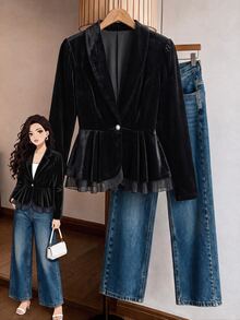 Feyla Plus Size Women Casual Business Solid Color Fitted Blazer , Autumn Winter - Black - View 1