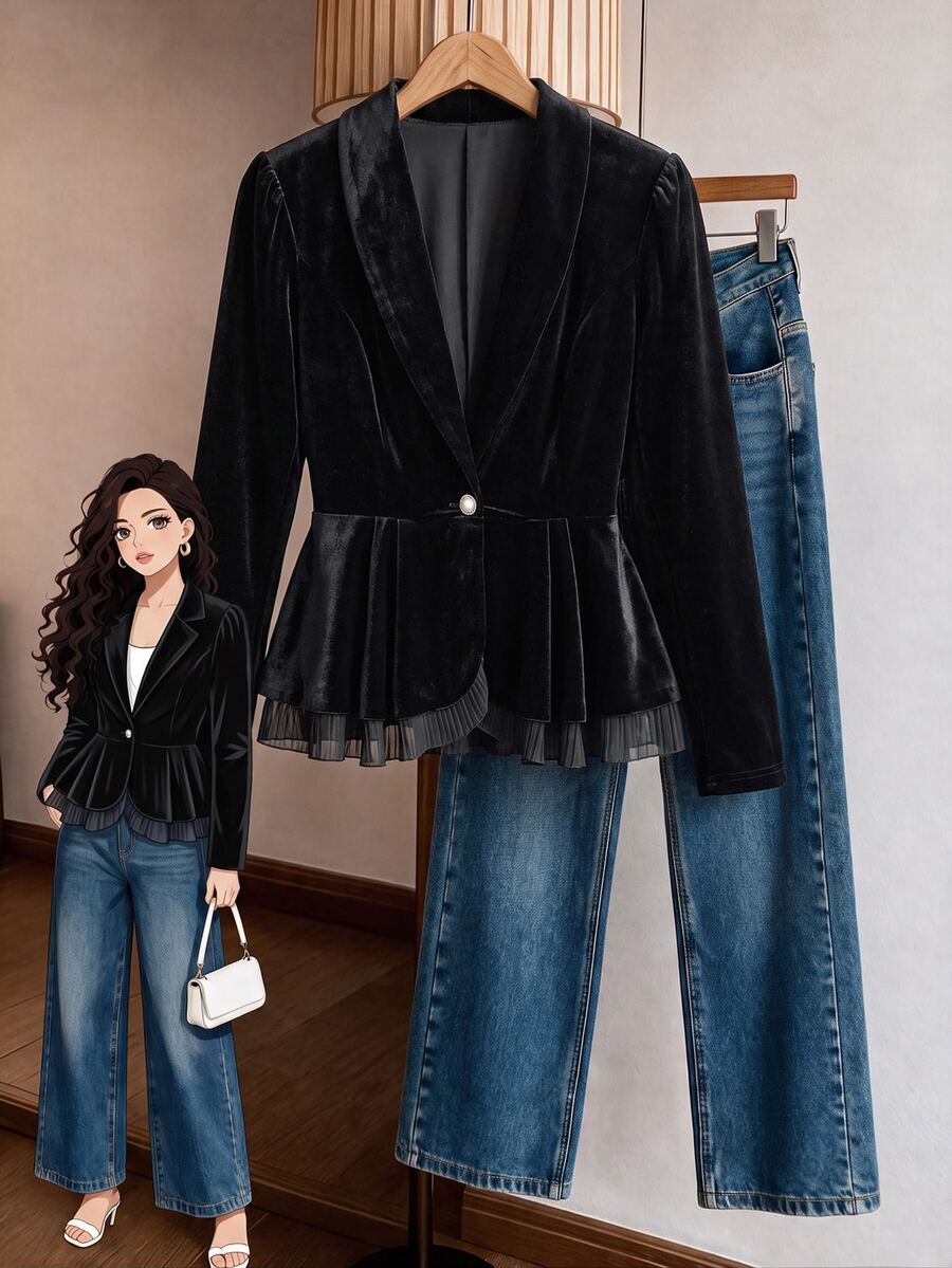 Feyla Plus Size Women Casual Business Solid Color Fitted Blazer , Autumn Winter - Black - View 1