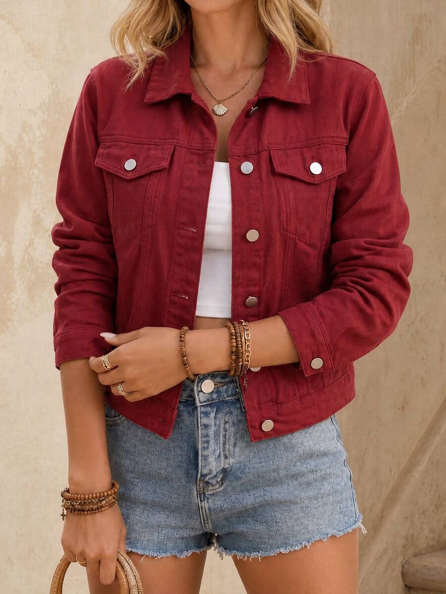 EMERY ROSE 女款單排扣休閒復古百搭日常穿著牛仔夾克 深紅色 秋季 - 紅色 - 查看 1