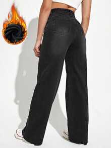 EMERY ROSE Solid Color Straight Leg Casual Thermal Lined Jeans With Pockets - Black - View 3