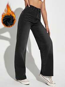 EMERY ROSE Solid Color Straight Leg Casual Thermal Lined Jeans With Pockets - Black - View 4