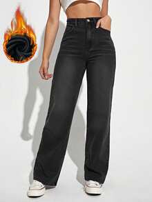 EMERY ROSE Solid Color Straight Leg Casual Thermal Lined Jeans With Pockets - Black - View 2