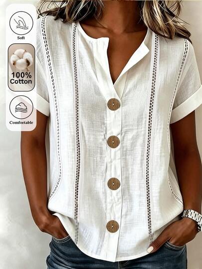 Omancia Standard Size Women V-Neck Two-Eye Wooden Button Decor Square Floral Splice Drop Shoulder Casual Vacation Shirt Office Vacation White And Black Summer