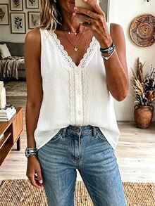 Holdful Holdful Women's Casual Tropical European Solid Color Lace Trim Tank Top For Vacation Vacation Off-White Summer - White - View 3