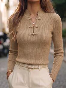 SHEIN New Chinese Style Stand Collar Ribbed Knit Top With Traditional Frog Buttons - Khaki - View 7