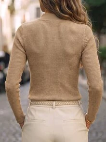 SHEIN New Chinese Style Stand Collar Ribbed Knit Top With Traditional Frog Buttons - Khaki - View 2