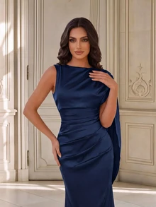 Coutiva Women's Solid Color One Shoulder Ruched Slim Fit Elegant Evening Dress - Navy Blue - View 4