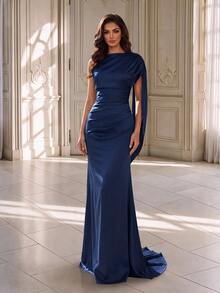 Coutiva Women's Solid Color One Shoulder Ruched Slim Fit Elegant Evening Dress - Navy Blue - View 1