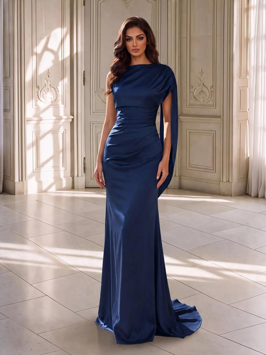 Coutiva Women's Solid Color One Shoulder Ruched Slim Fit Elegant Evening Dress - Navy Blue - View 1