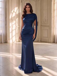 Coutiva Women's Solid Color One Shoulder Ruched Slim Fit Elegant Evening Dress - Navy Blue - View 5