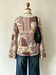 Lalippa Women Casual Retro All-Over Print Bell Sleeve T-Shirt Fall Cloth For Women - Multicolor - View 2