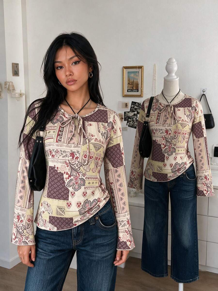Lalippa Women Casual Retro All-Over Print Bell Sleeve T-Shirt Fall Cloth For Women - Multicolor - View 1