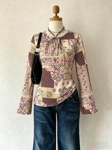 Lalippa Women Casual Retro All-Over Print Bell Sleeve T-Shirt Fall Cloth For Women - Multicolor - View 3
