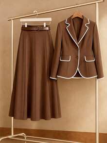 GlowEve CURVE Plus Size Women's New Autumn/Winter Minimalist Casual Textured Fabric Colorblock V-Neck Blazer & Skirt 2-Piece Set - Brown - View 5