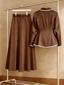GlowEve CURVE Plus Size Women's New Autumn/Winter Minimalist Casual Textured Fabric Colorblock V-Neck Blazer & Skirt 2-Piece Set - Brown - View 2