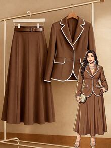 GlowEve CURVE Plus Size Women's New Autumn/Winter Minimalist Casual Textured Fabric Colorblock V-Neck Blazer & Skirt 2-Piece Set - Brown - View 9