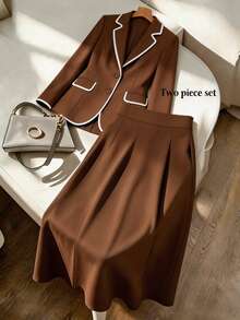 GlowEve CURVE Plus Size Women's New Autumn/Winter Minimalist Casual Textured Fabric Colorblock V-Neck Blazer & Skirt 2-Piece Set - Brown - View 3