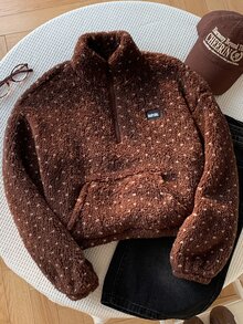 Comfortcana Women's Polka Dot Pattern Zipper Half-Placket Long Sleeve Sweatshirt - Brown - View 1