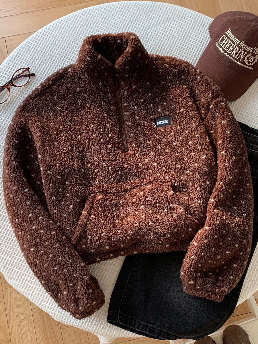 Comfortcana Women's Polka Dot Pattern Zipper Half-Placket Long Sleeve Sweatshirt - Brown - View 1