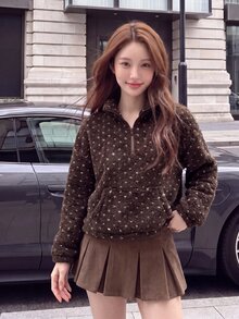 Comfortcana Women's Polka Dot Pattern Zipper Half-Placket Long Sleeve Sweatshirt - Brown - View 4