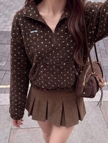 Comfortcana Women's Polka Dot Pattern Zipper Half-Placket Long Sleeve Sweatshirt - Brown - View 7